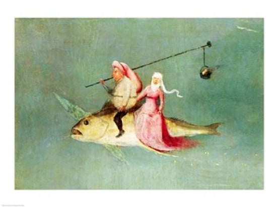 The Temptation of St Anthony right hand panel detail of a couple riding a fish Canvas Art - Hieronymus Bosch (24 x 18)
