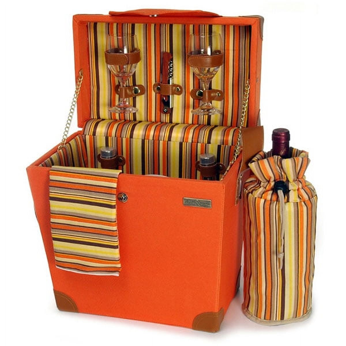 Vibrant Orange and Multicolor Wooden Picnic Carrier with Service for Two