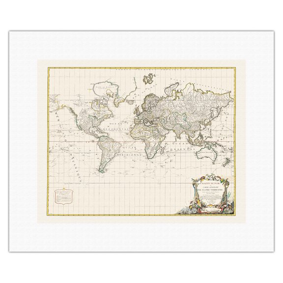 The Terrestrial Globe Map of the World - Vintage Map by Robert de Vaugondy c.1778 - Fine Art Rolled Canvas Print 11in x 14in