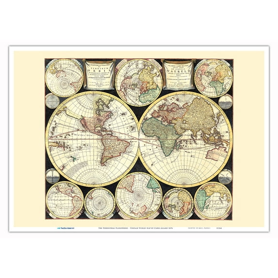 The Terrestrial Planisphere (Planisphaerium Terrestre Sive Terrarum Orbis) - Vintage World Map by Carel Allard c.1696 - Master Art Print 10in x 14in