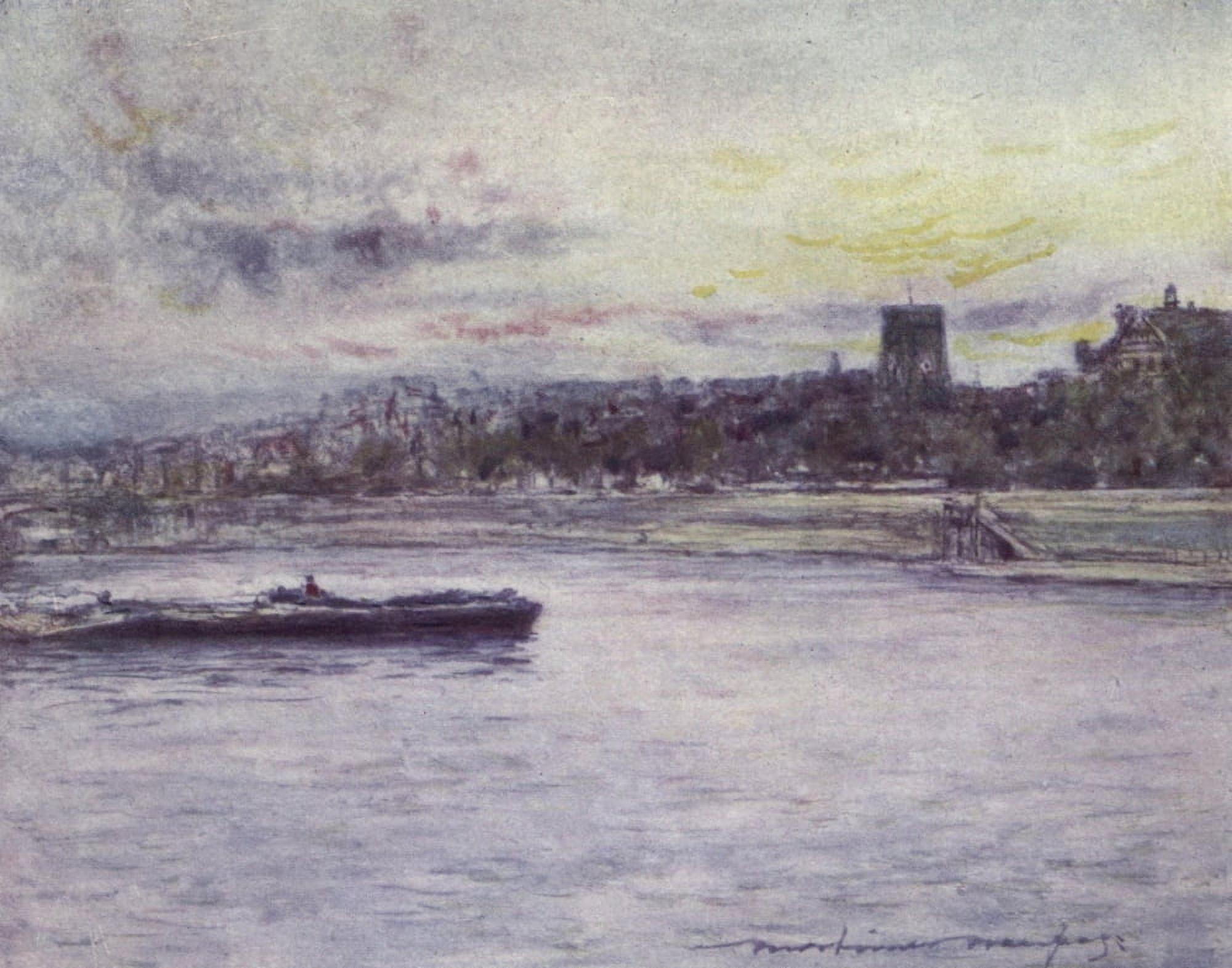 The Thames 1906 Chelsea Reach with the old church Canvas Art - Mortimer Menpes (24 x 36)