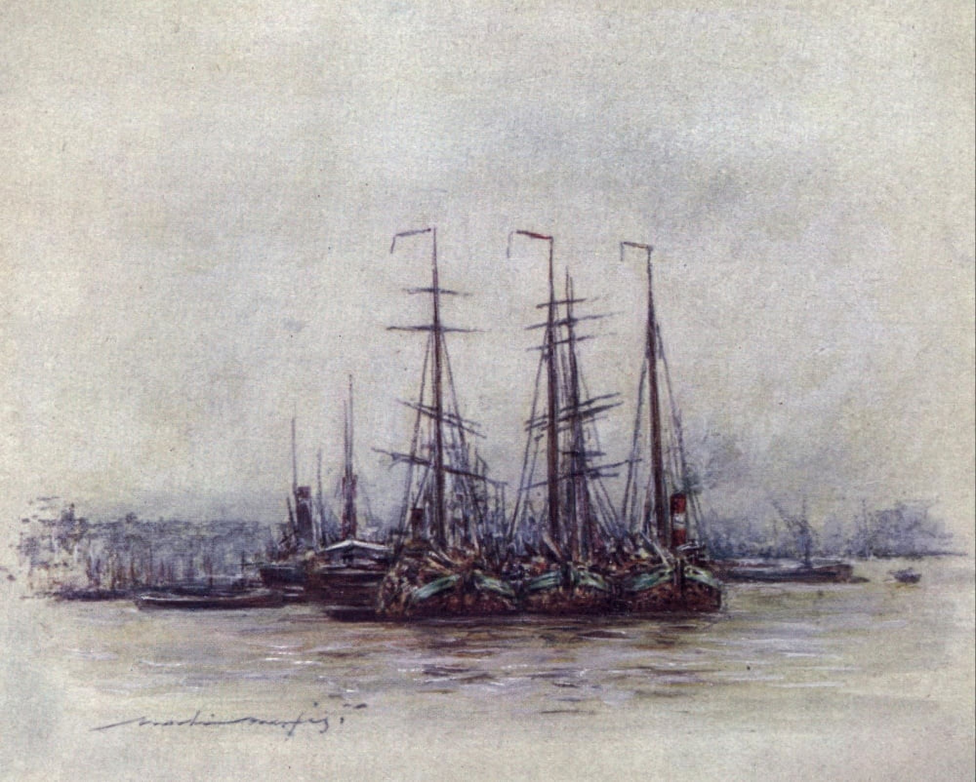 The Thames 1906 Dutch Barges near the Tower Canvas Art - Mortimer Menpes (18 x 24)