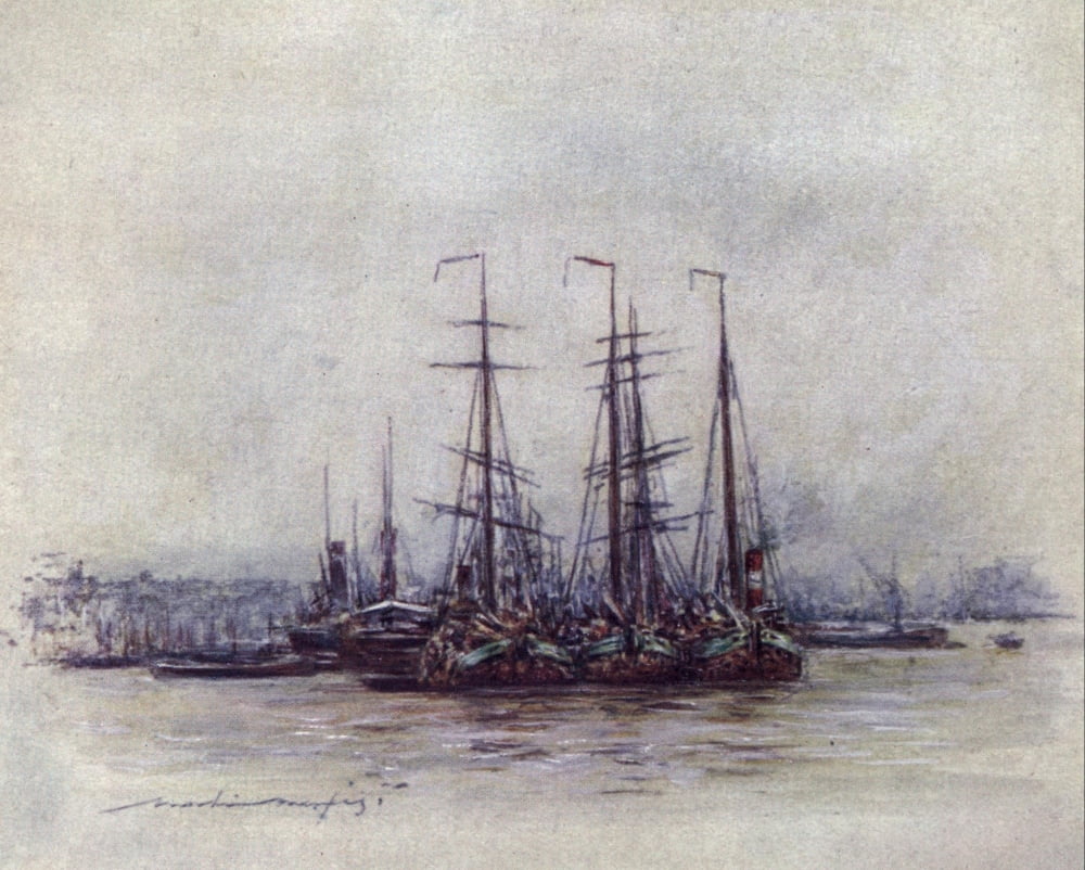 The Thames 1906 Dutch Barges near the Tower Canvas Art - Mortimer Menpes (24 x 36)