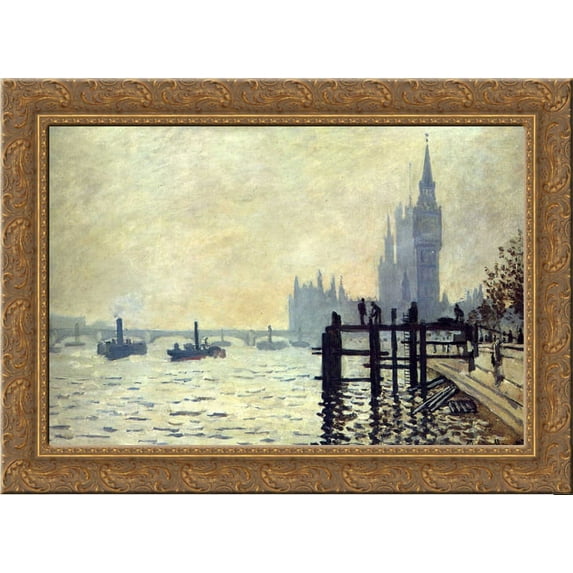 The Thames below Westminster 24x20 Gold Ornate Wood Framed Canvas Art by Monet, Claude