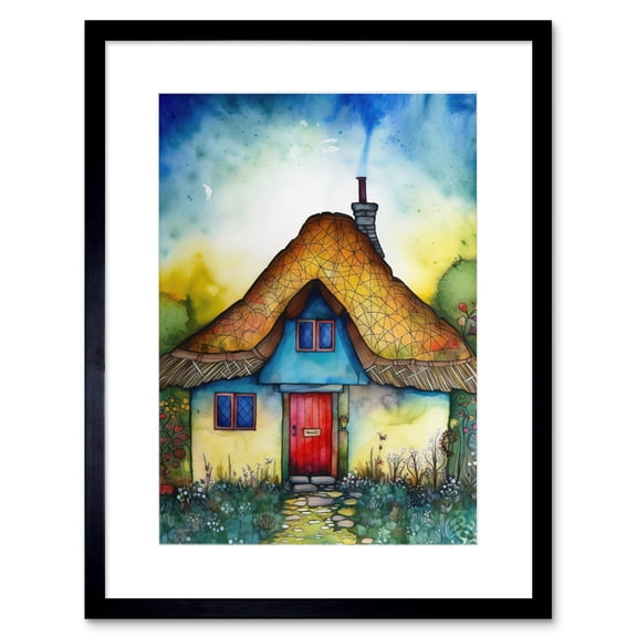 The Thatched Cottage Folk Art Artwork Framed Print Wall Art 9X7 Inch
