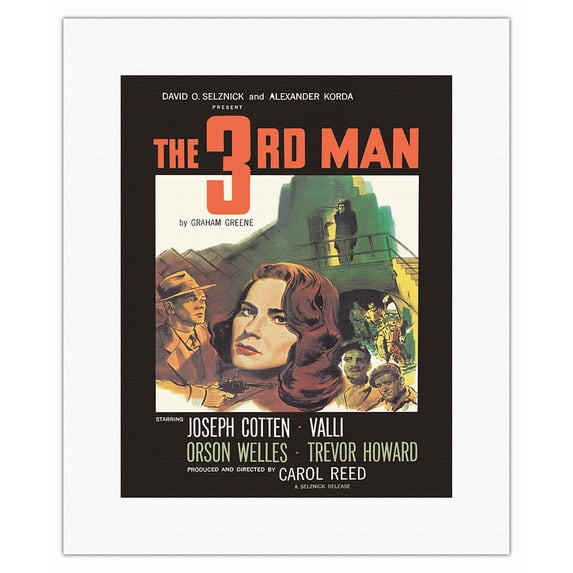 The Third Man - Starring Joseph Cotton & Orson Wells - Directed by Carol Reed - Vintage Film Noir Movie Poster c.1949 - Fine Art Rolled Canvas Print 11in x 14in