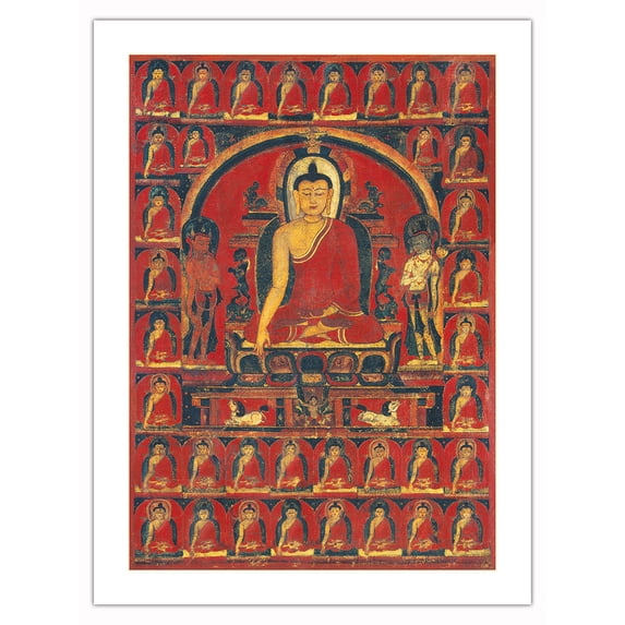 The Thirty-Five (35) Confession Buddhas - Buddha Shakyamuni - Vintage Tibetan Thangka Buddhist Painting - Tibet, 13th Century - Bamboo Fine Art 290gsm Paper (Unframed) 12x16in