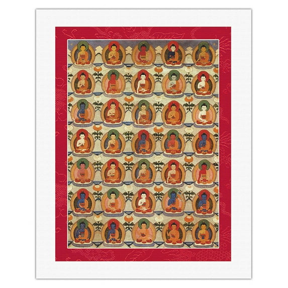 The Thirty-Five Confession Buddhas - Shakyamuni Buddha - Vintage Tibetan Thangka Buddhist Painting c.1800s - Fine Art Rolled Canvas Print 20in x 26in