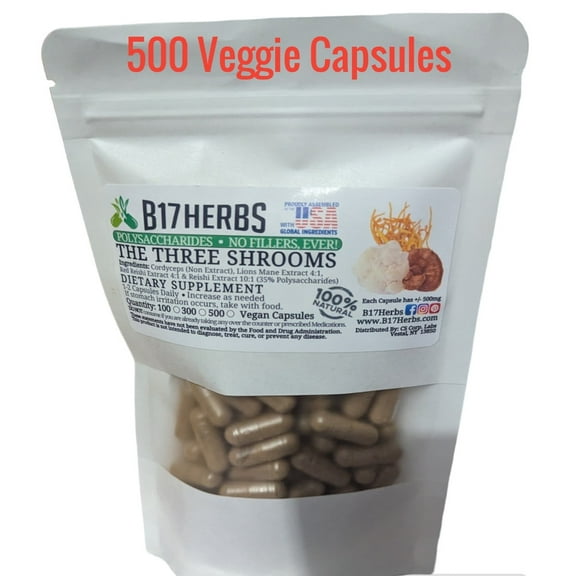 The Three Mushroom Blend - Hand Crafted w/No Fillers - Lions Mane Mushroom, Red Reishi, Cordyceps, 500mg, 500 Veggie HMPC Capsules