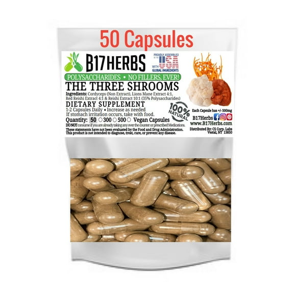 The Three Shrooms Mushroom Blend | Lions Mane Mushroom | Red Reishi Mushroom | Cordyceps Mushrooms | 50 Veggie Caps