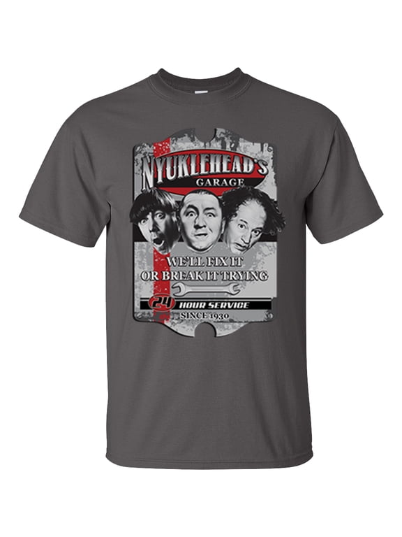 The Three Stooges Nyuklehead's Garage 24 Hour Service We Fix It Or Break It Funny Unisex Short Sleeve T-Shirt-Charcoal-2XL