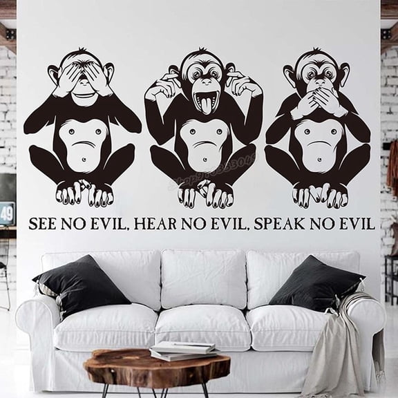 The Three Wise Monkeys Wall Decal See Hear Speak No Evil Monkey Inspirational Quote Vinyl Wall Sticker for Bedroom Decor 109x57cm