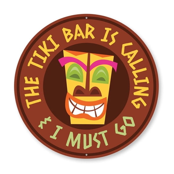 The Tiki Bar is Calling, Beach Bar Aluminum Metal Decor Sign - 12" Round
