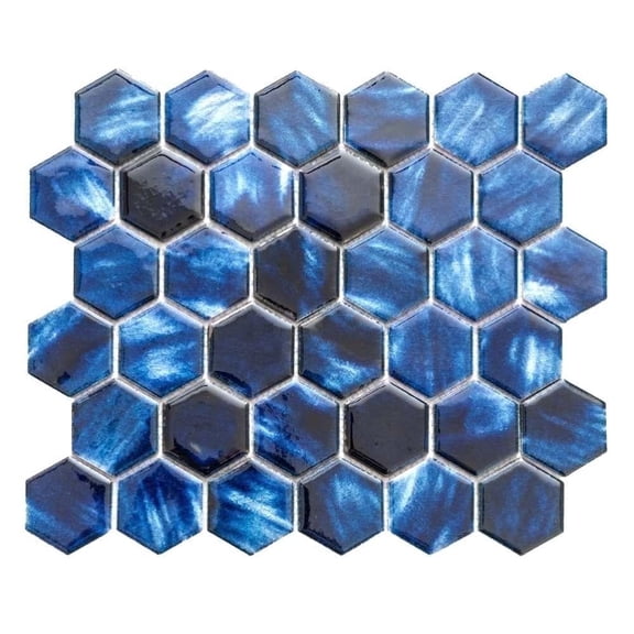 The Tile Life Agate 4 in x 4 in Hexagon Sapphire Glossy Porcelain Mosaic Tile Sample 1 Piece