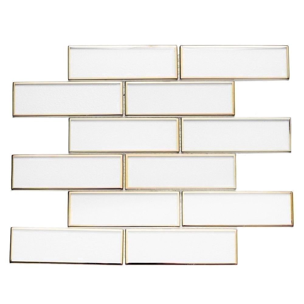 The Tile Life Athena 2" x 6" White/ Gold Glossy Glass Brick Mosaic Wall Tile, 1 Sheet
