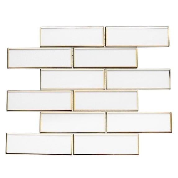 The Tile Life Athena 2" x 6" White/ Gold Glossy Glass Brick Mosaic Wall Tile, 1 Sheet