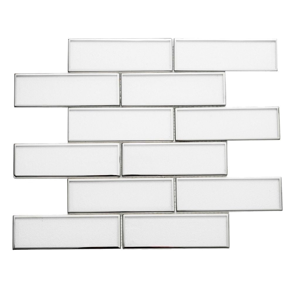 The Tile Life Athena 2" x 6" White/ Silver Glossy Glass Brick Mosaic Tile Sample, 1 Piece