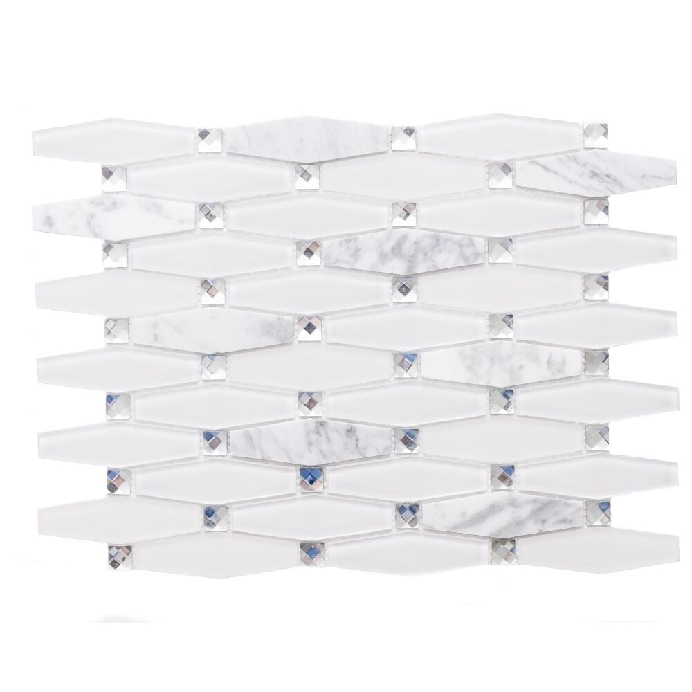 Carrara Diamond 12x12 White Glass and Marble Mosaic Wall Tile