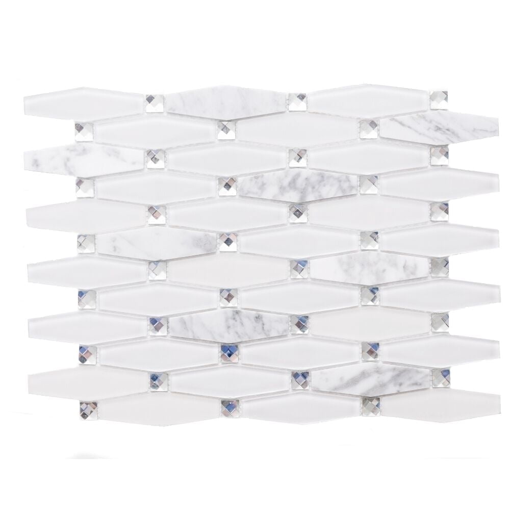 The Tile Life Carrara 12" x 12" Diamond White Polished Glass Mosaic Wall Tile, 1 Sheet