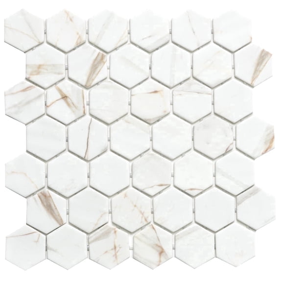 The Tile Life Eterna Hex 4" x 4" Calacatta Gold Glass Mosaic Tile Sample 1 Piece