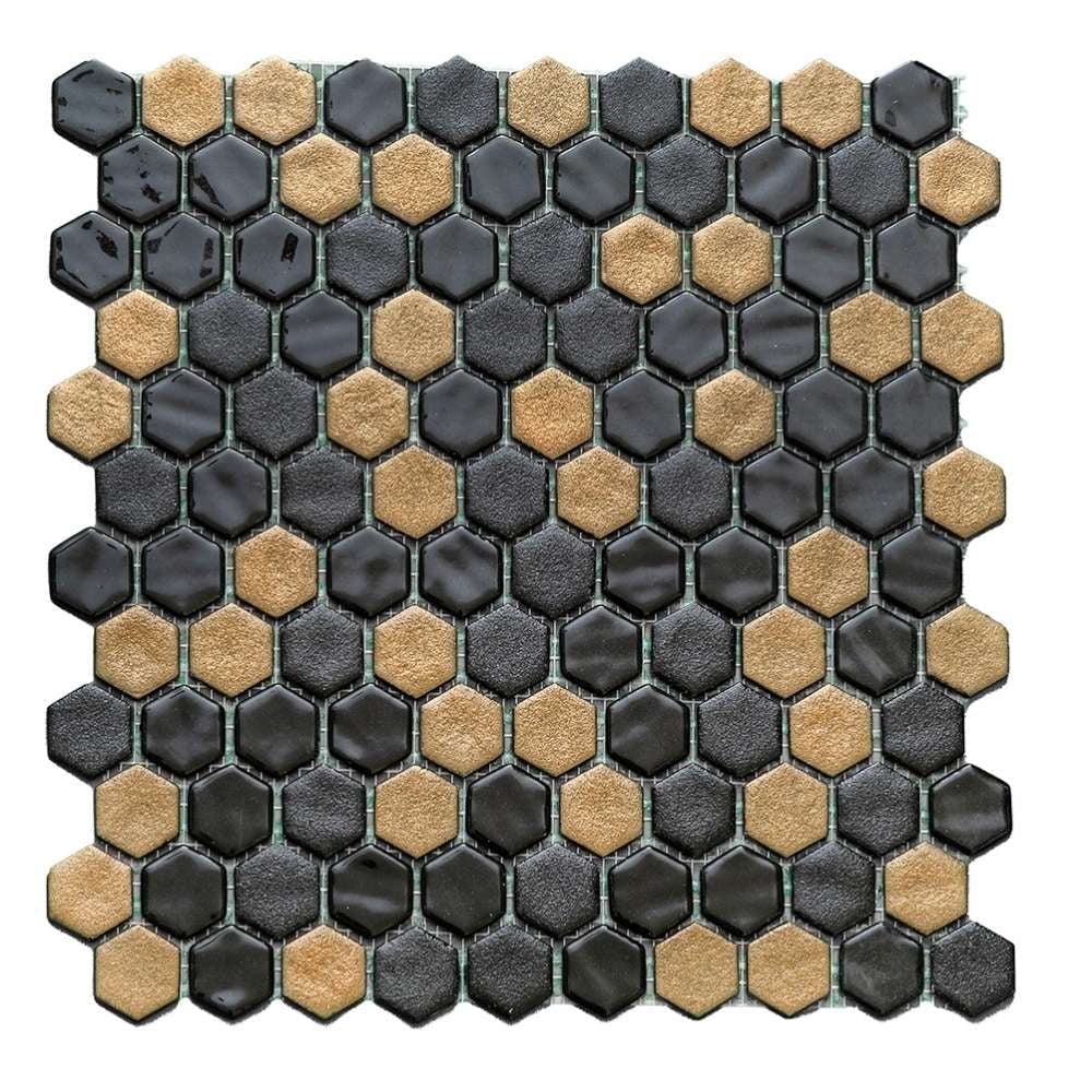 Eterna Hex Black and Gold Glass Mosaic Tile Sample, 4x4