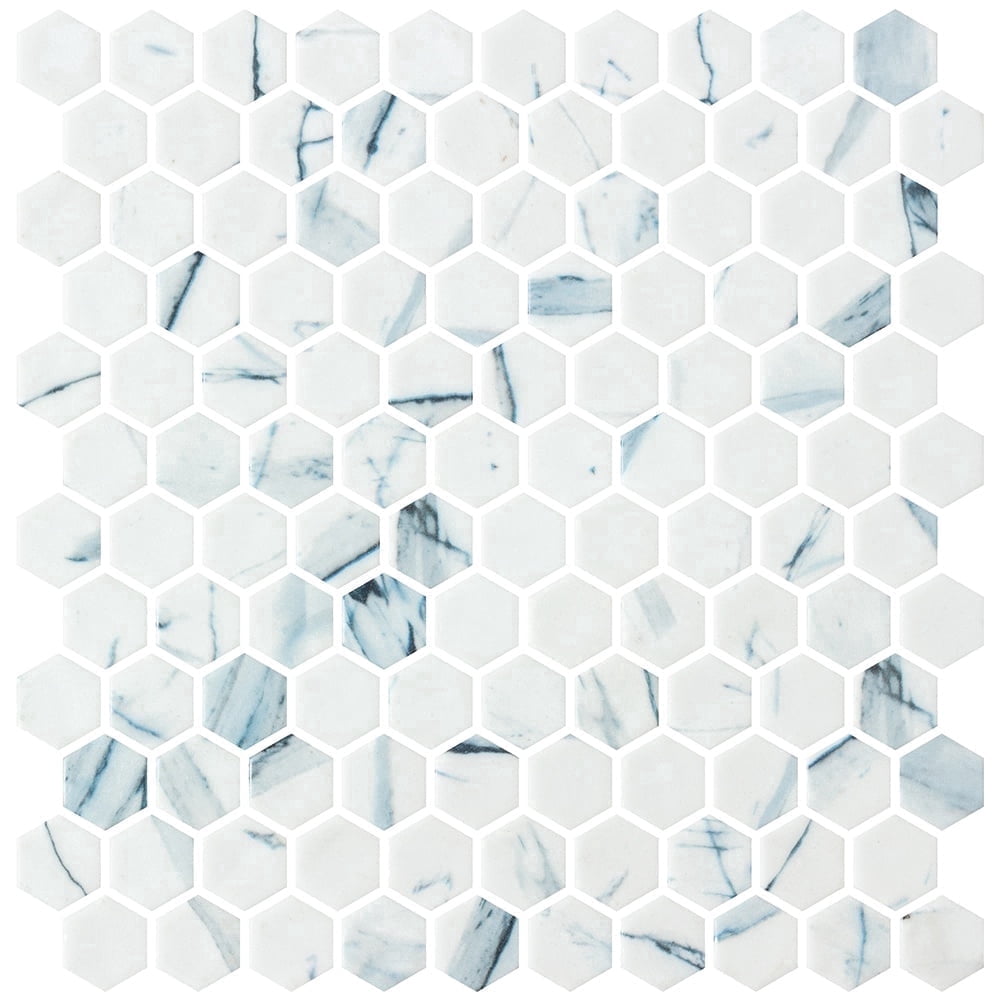 The Tile Life Eterna Hex 4" x 4" Hexagon Calacatta Blue Matte Glass Mosaic Tile Sample 1 Piece