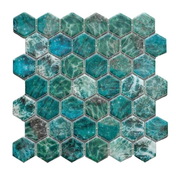 The Tile Life Eterna Hex 4" x 4" Mar Green Glass Mosaic Tile Sample 1 Piece