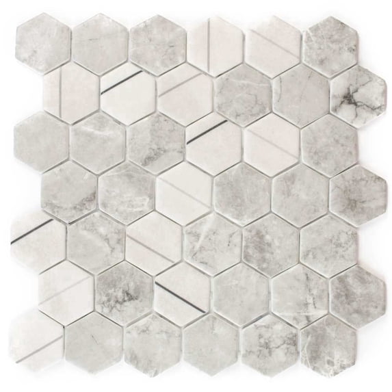 The Tile Life Eterna Hex 2" x 2" Lineas Gris Glass Mosaic Floor and Wall Tile, 1 Sheet