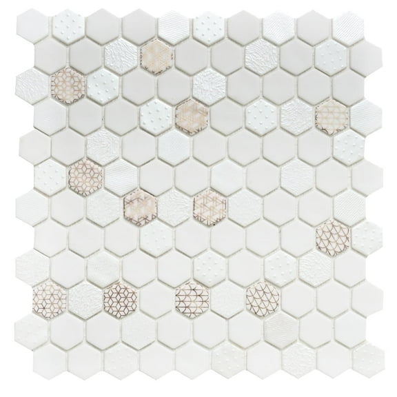 The Tile Life Eterna Hex Oro Blanco Shiny Glass Hexagon Mosaic Wall Tile, 4 x 4 in, 1-Piece Sample