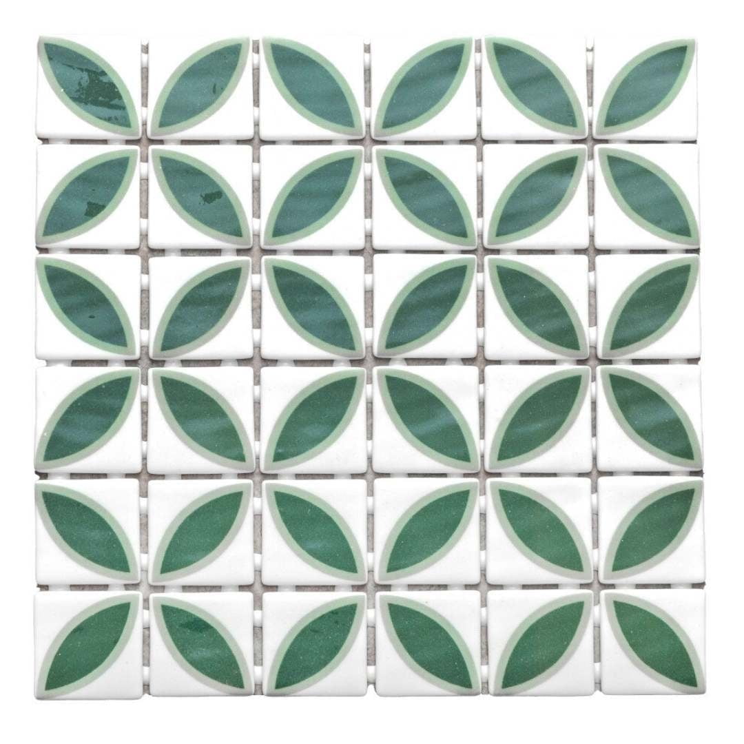 Eterna Lily 4" x 4" Basil Green and White Glass Mosaic Tile