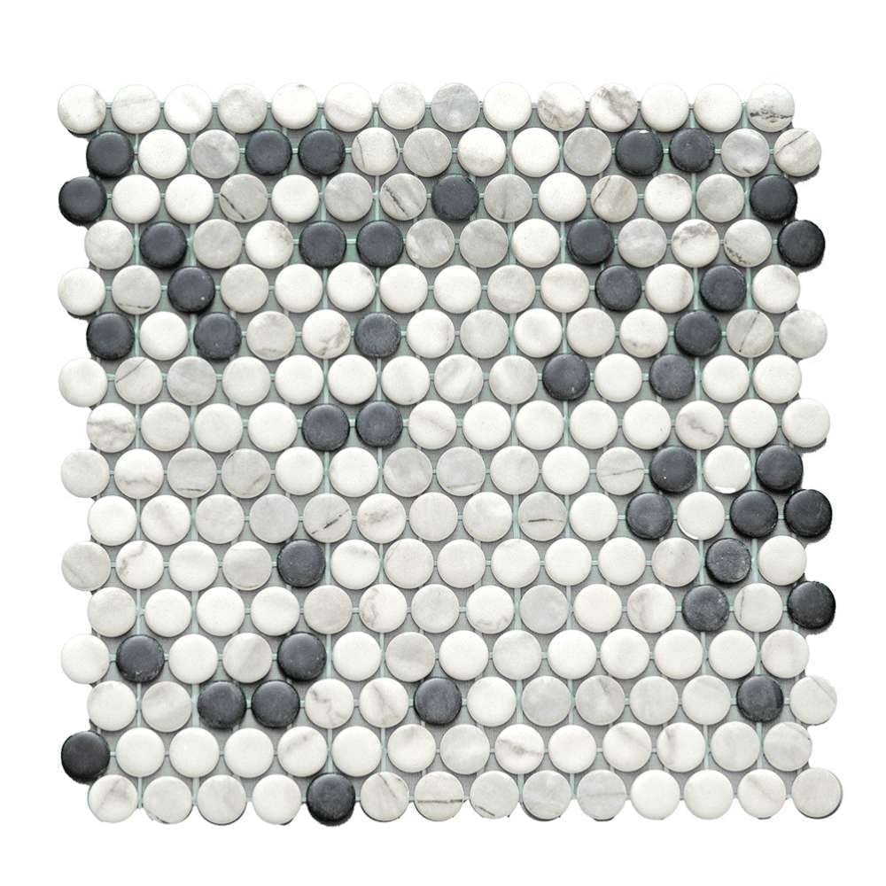 The Tile Life Eterna Penny 4" x 4" Black & White Glass Round Mosaic Tile Sample 1 Piece