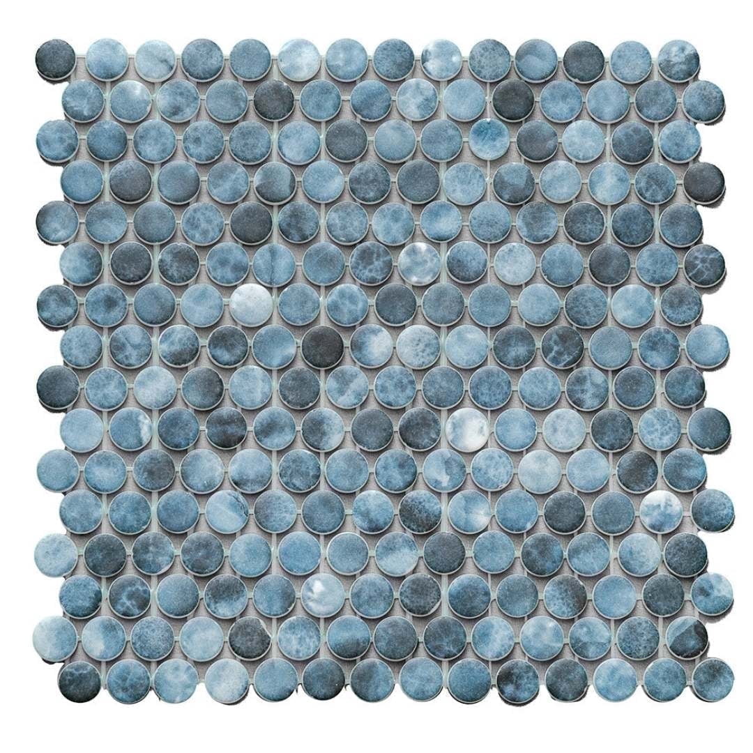 The Tile Life Eterna Penny 1" x 1" Onice Blue Glass Round Mosaic Floor and Wall Tile 1 Sheet