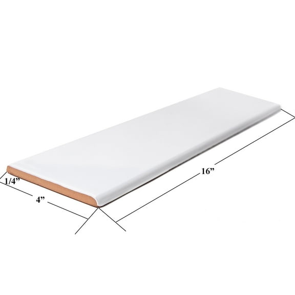 The Tile Life Blecker White Glossy Ceramic Bullnose Tile Trim, 4 x 16 in,- 1-Piece