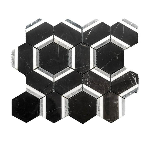 The Tile Life Pelta Orb Nero Blend Marble Hexagon Mosaic Tile Sample - 4 x 4 in. - Polished - 1-Piece - Floor, Wall, Backsplash