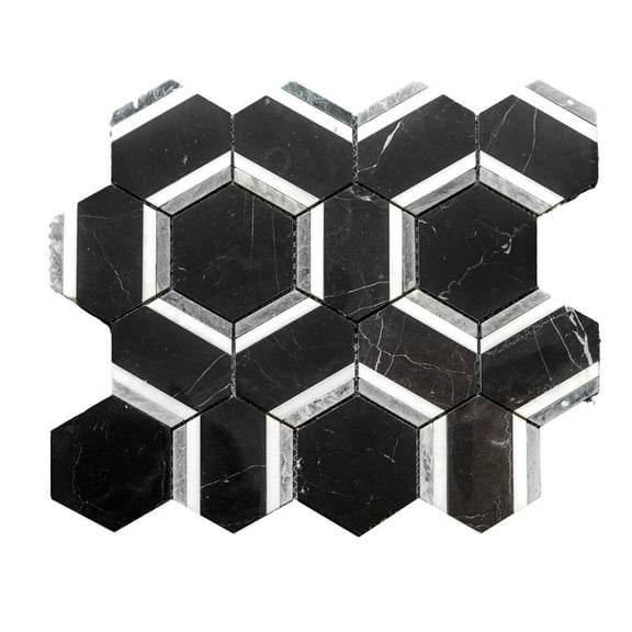 The Tile Life Pelta Orb Nero Blend Marble Hexagon Mosaic Tile Sample - 4 x 4 in. - Polished - 1-Piece - Floor, Wall, Backsplash