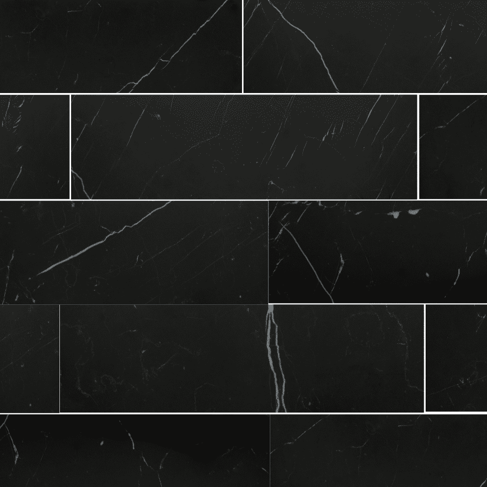 Image showcasing The Tile Life Penthouse Nero Marquina Porcelain Subway Tile - 4 x 12 in ...