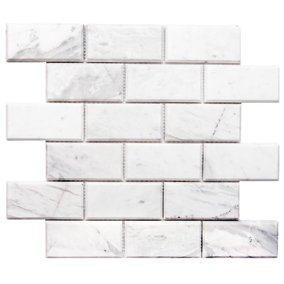The Tile Life Santorini Beveled 2" x 4" Volakas Polished Marble Mosaic Wall Tile, 1 Sheet