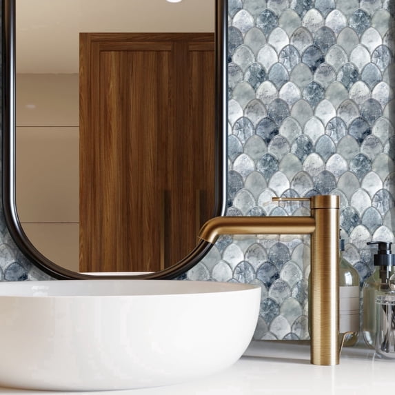 The Tile Life Seashell 4 x 4 Cyan Glossy Glass Mosaic Tile Sample 1 Piece