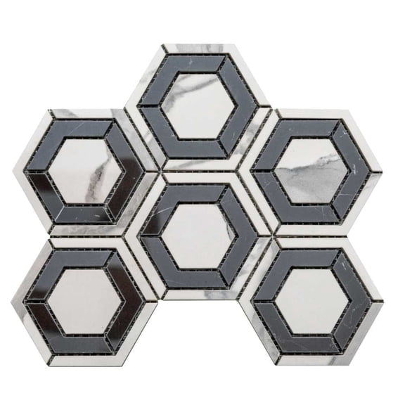 The Tile Life Stately Geo Calacatta Porcelain Hexagon Mosaic Tile - 9 x 11 in. - Polished - 6-Piece - Floor, Wall & Backsplash