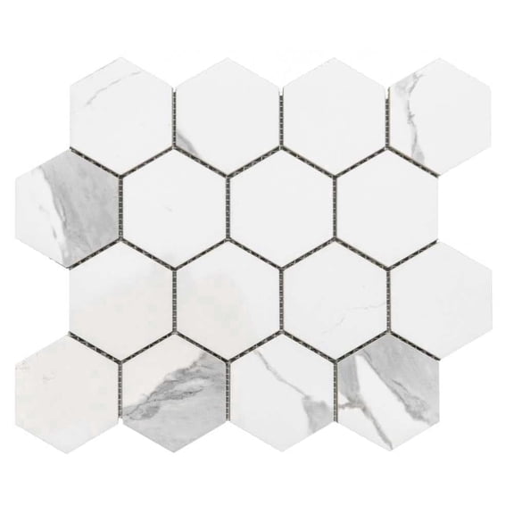 The Tile Life Stately Hex 11" x 14" Calacatta Polished Porcelain Mosaic Floor and Wall Tile Case of 6