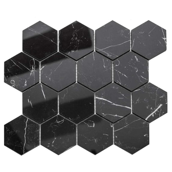 The Tile Life Stately Hex Nero Marquina Porcelain Hexagon Mosaic Tile - 11 x 14 in. - Polished - 6-Piece - Floor, Wall & Backsplash