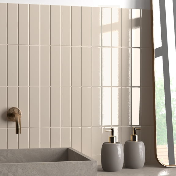 The Tile Life Subway Art 2" x 8" Beige Pale Glossy Ceramic Wall Tile, Case (60 Tiles)