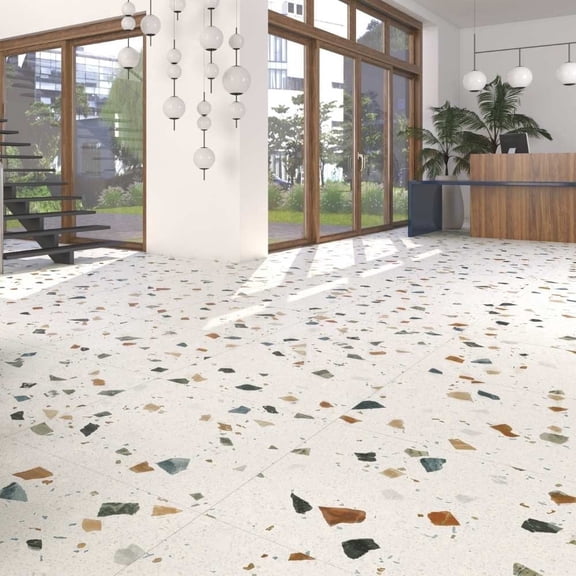 The Tile Life Terrazzo 24" x 24" White Multi Matte Porcelain Floor and Wall Tile, Case of 4