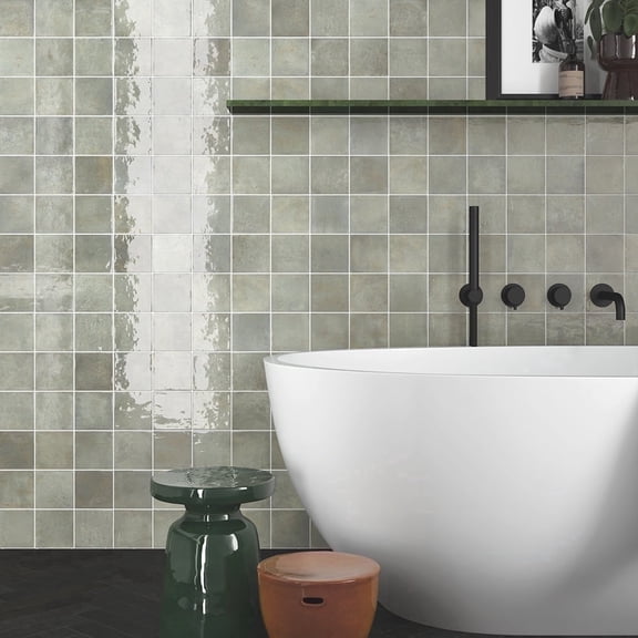 The Tile Life Vela 4" x 4" Green Field Glossy Porcelain Wall Tile, Case of 60