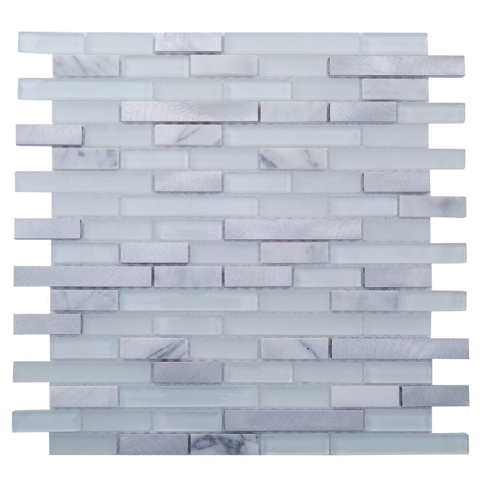 The Tile Life Victory Brick Linear 4 x 4 Carrara/ Steel Glass Mixed Mosaic Tile Sample 1 Piece