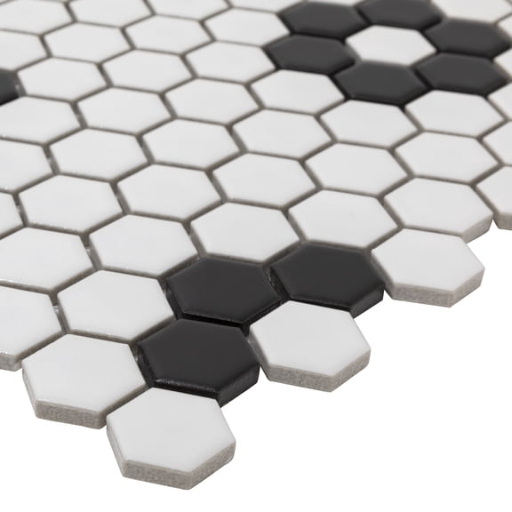 The Tile Project 10.23x11.81 Hexagon Flower White with Black Porcelain Mosaic Tile (1 Sample)