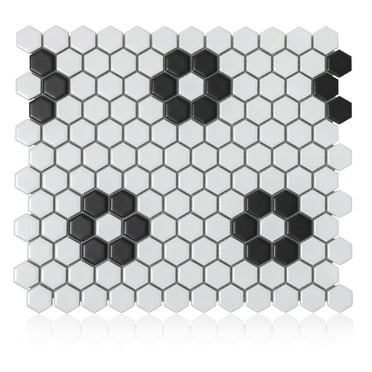 The Tile Project 10.23x11.81 Hexagon Flower White with Black Porcelain Mosaic Tile (20 Pieces/Box)