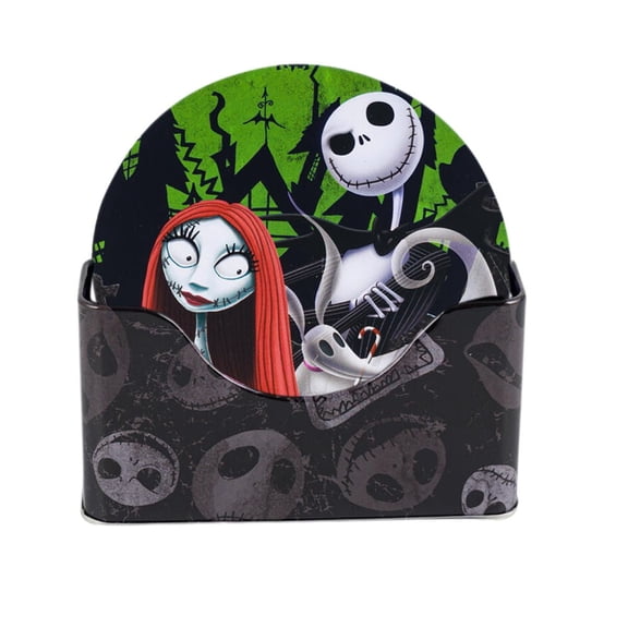 The Tin Box Company Nightmare Before Christmas Coaster Set Green | 6 Coasters with Holder | Jack Skellington & Sally Disney Tim Burton Home Dcor