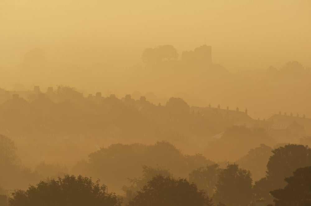 The Town And Castle Of Lewes Early On A Misty Autumnal Morning East Sussex Uk Canvas Art - Ian Cumming Design Pics (34 x 22)