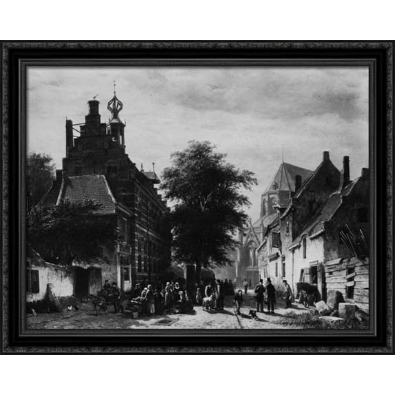 The Town Hall and Market at Naarden 34x28 Large Black Ornate Wood Framed Canvas Art by Cornelis Springer